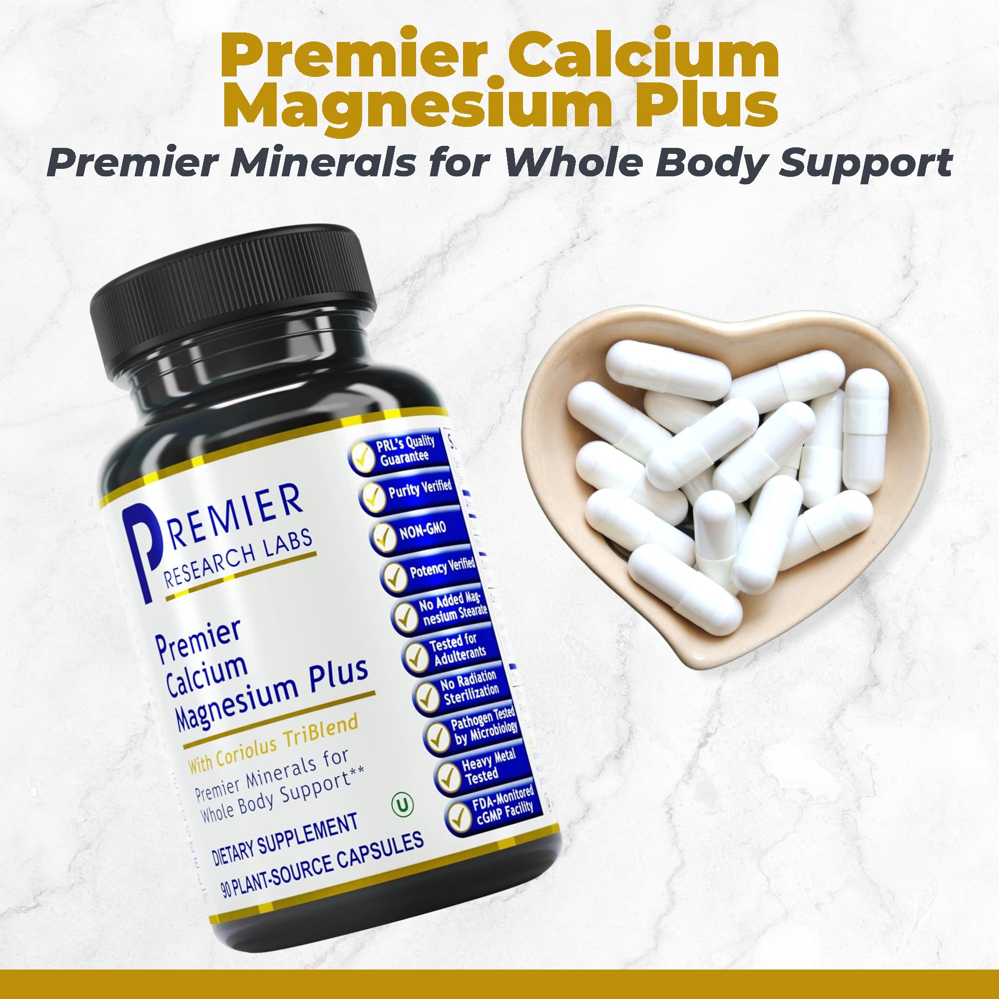 Premier Research Labs Calcium Magnesium Plus ingredients closeup highlighting vegan coral calcium
