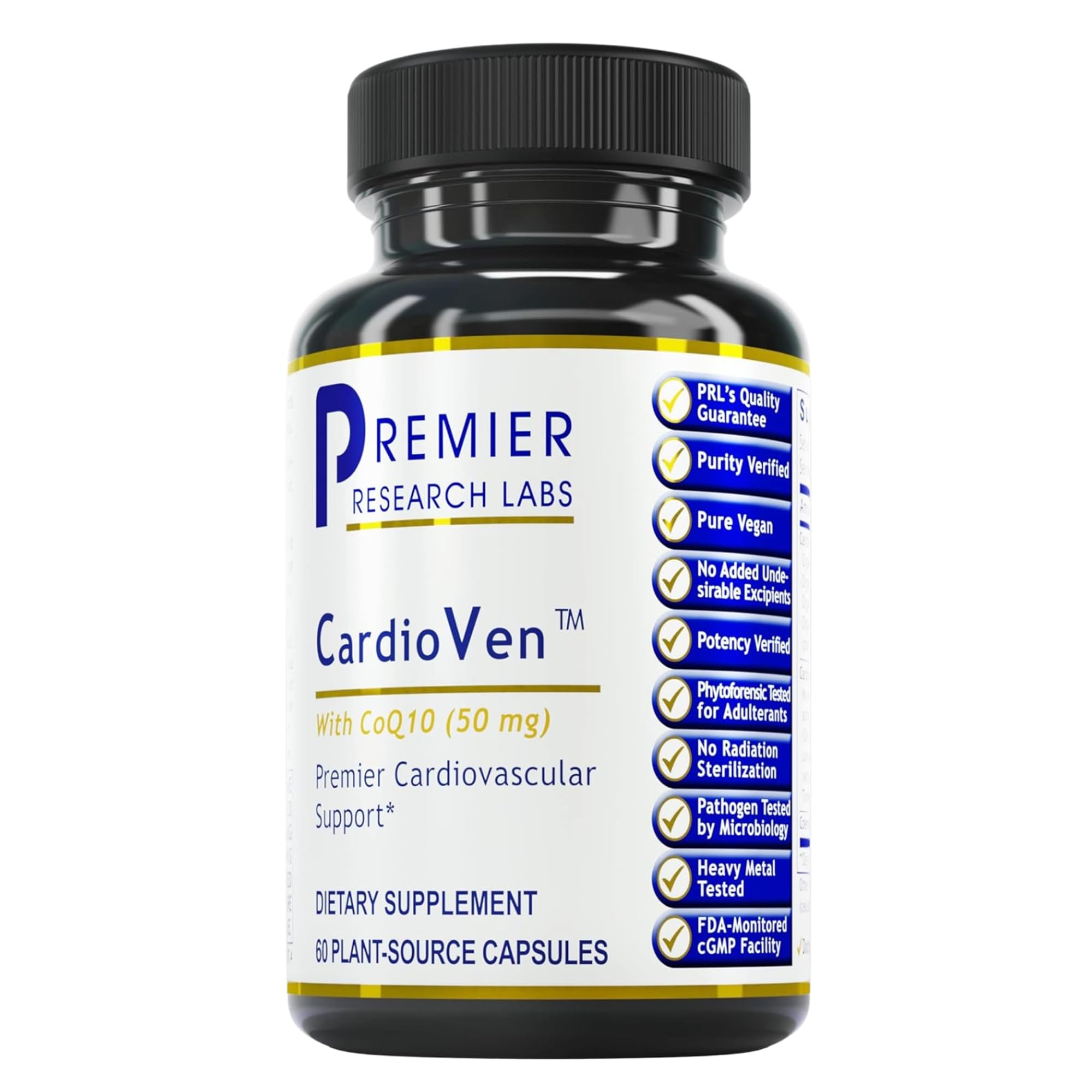 Premier Research Labs CardioVen bottle front showing packaging for easy daily heart support