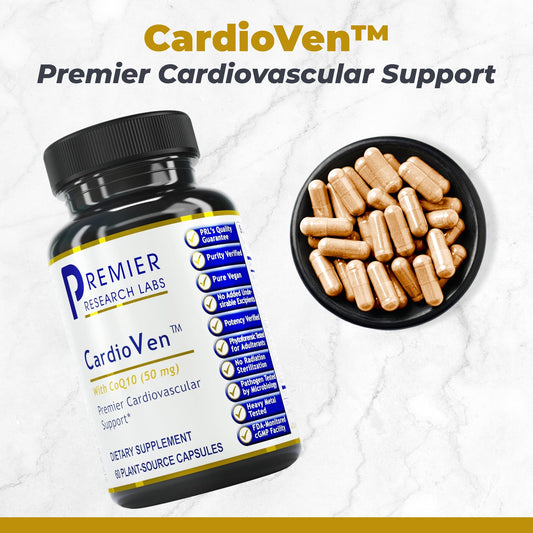 Premier Research Labs CardioVen bottle label highlighting CoQ10 and phytonutrient blend