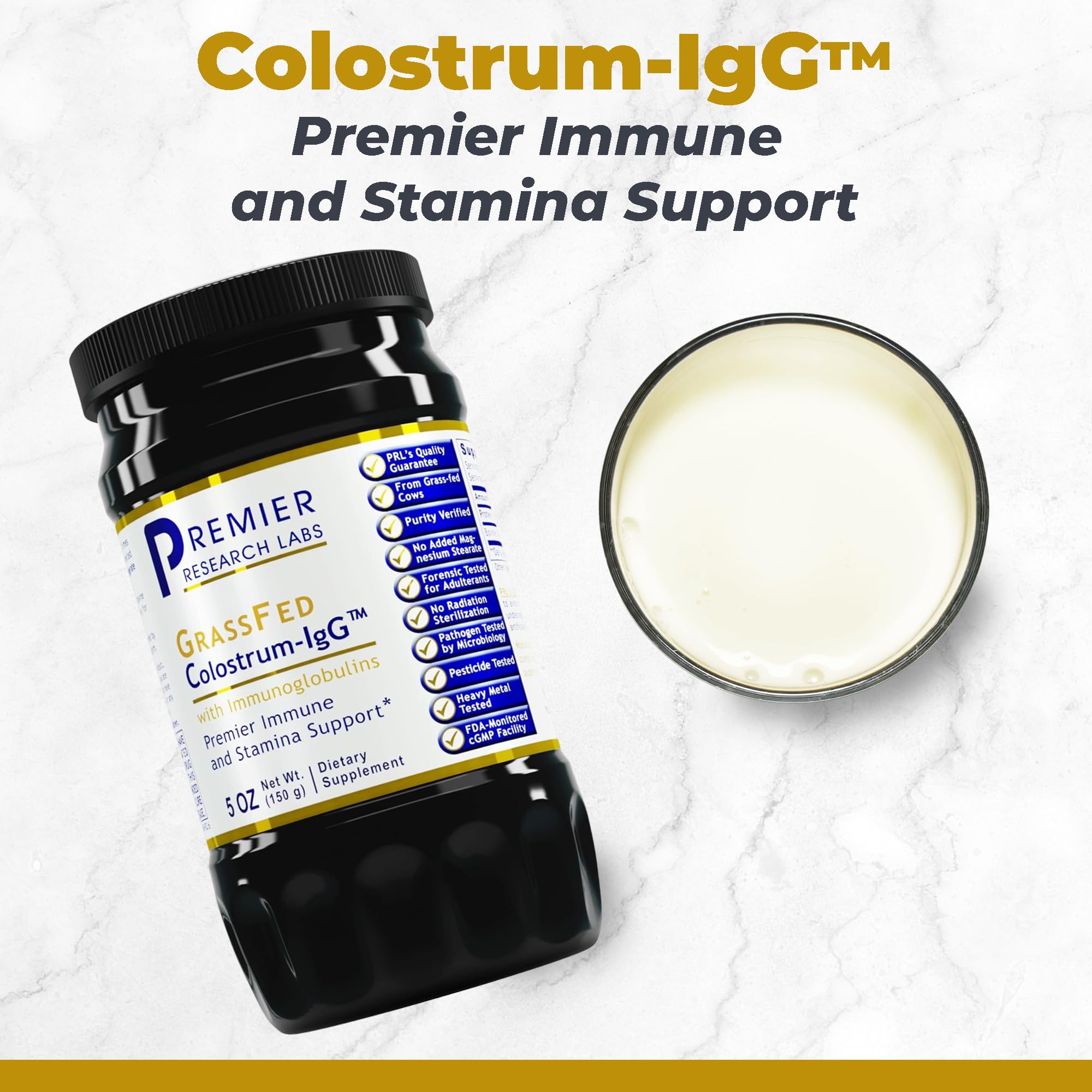 Premier Research Labs Colostrum-IgG powder scoop enables quick daily supplementation.