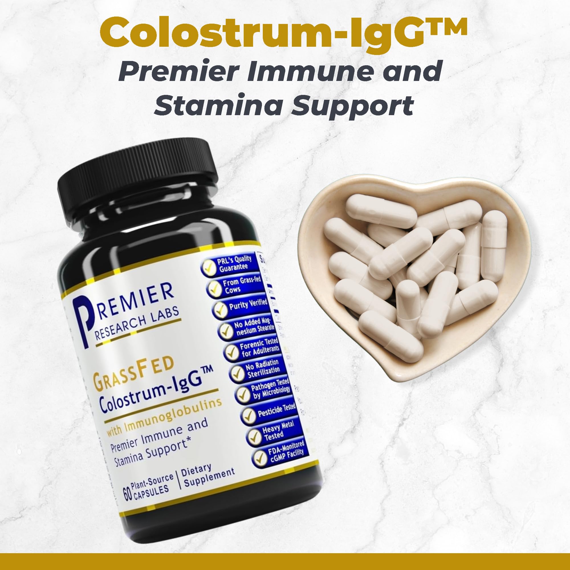 Premier Research Labs Colostrum IgG capsules close-up showing texture and potency