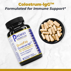 Premier Research Labs Colostrum-IgG capsules close-up for daily immune support.