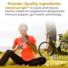 Premier Research Labs Colostrum-IgG ingredients chart highlights lactoferrin and nucleotides.