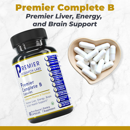 Close-up of Premier Research Labs Complete B capsules, supporting energy metabolism
