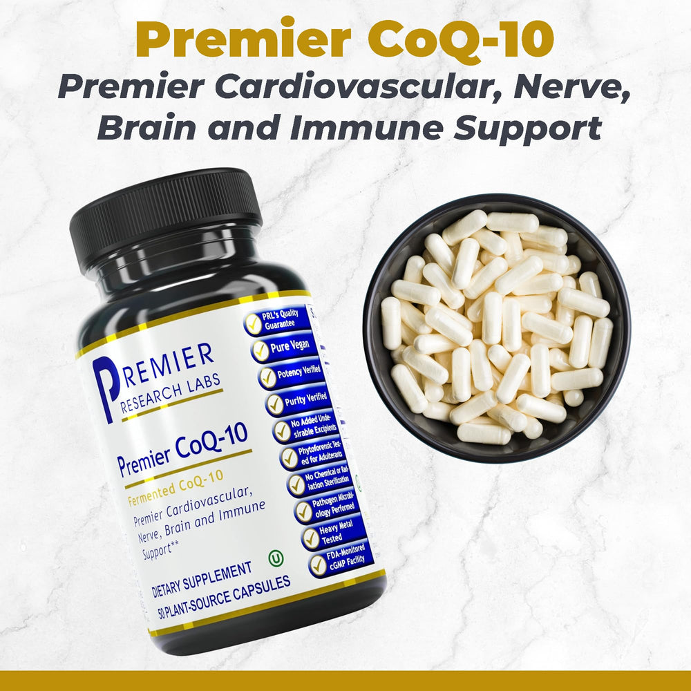 Premier Research Labs CoQ10 capsule with trans isomer emphasizes bioavailability.