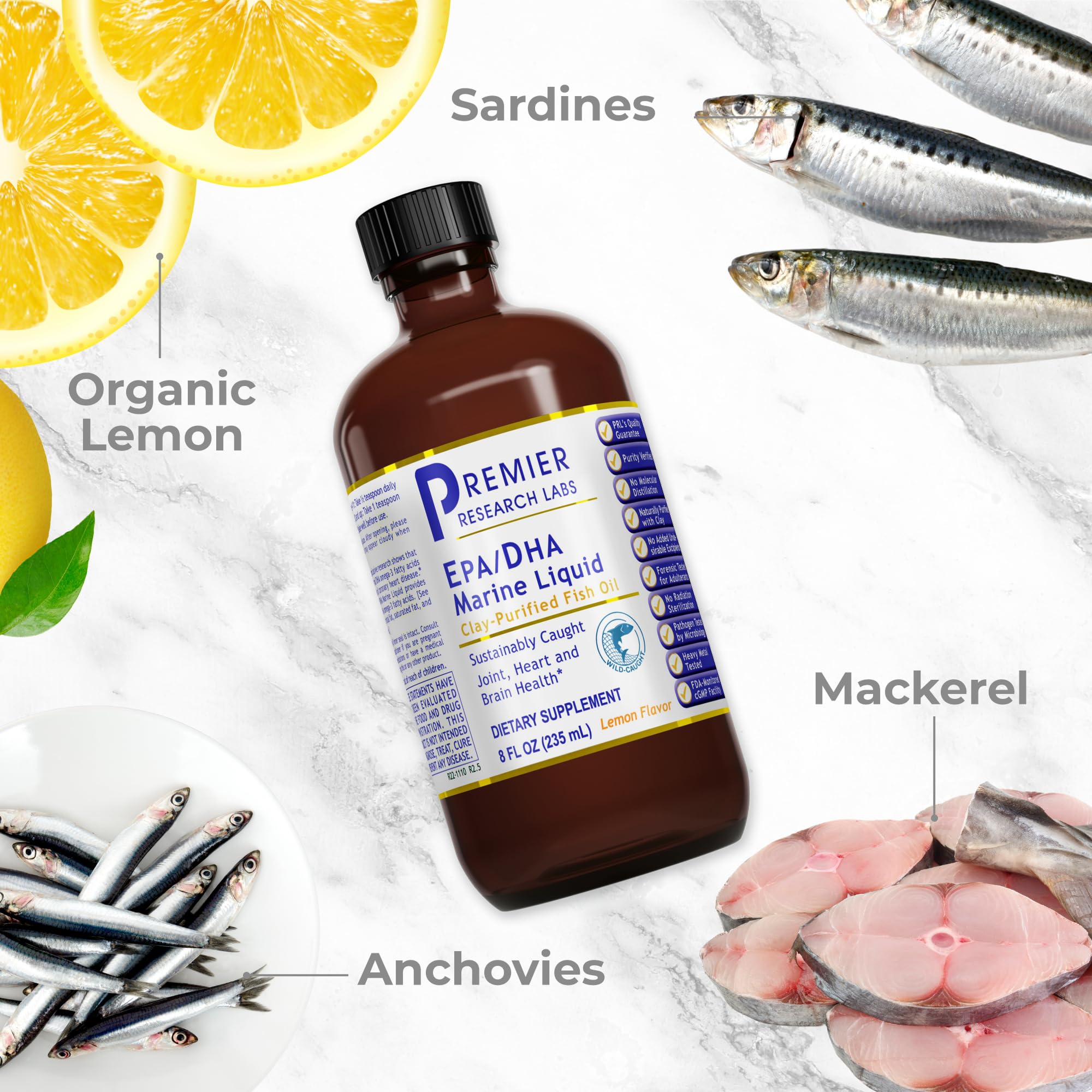 Dropper dispensing Premier Research Labs EPA/DHA Marine Liquid with lemon flavor.