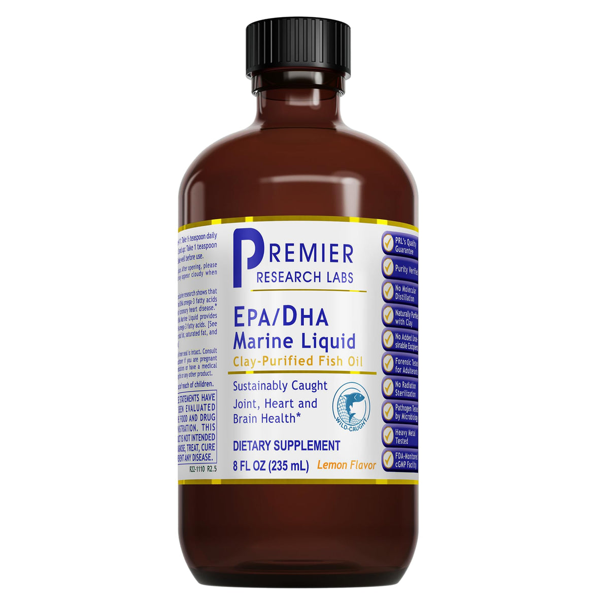 Premier Research Labs EPA/DHA Marine Liquid bottle with lemon flavor for daily use.