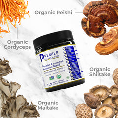 Premier Research Labs cordyceps powder boosts daily energy and balance when mixed into drinks.