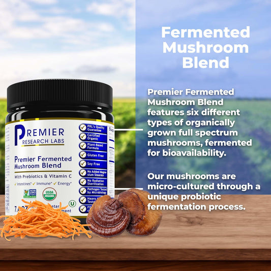 Premier Research Labs turkey tail extract visible in the blend supports gut vitality through fermentation.