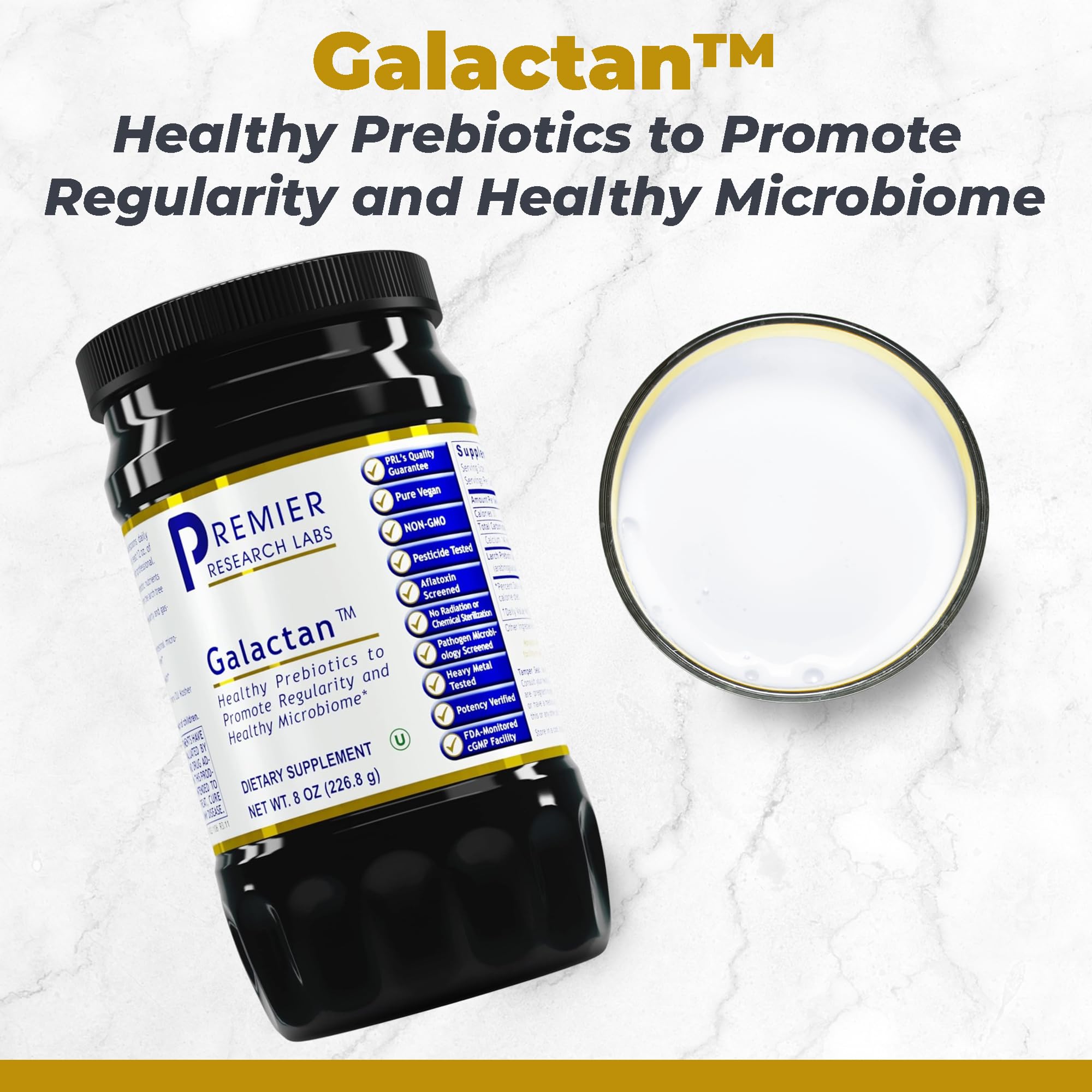 Premier Research Labs Galactan powder dissolving in water to support daily fiber intake.