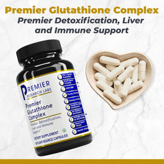 Premier Research Labs Glutathione Complex bottle label close-up highlighting liver support benefits.