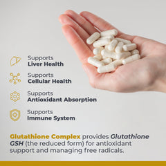 Premier Research Labs Glutathione Complex bottle with a glass, suggesting daily wellness routines.