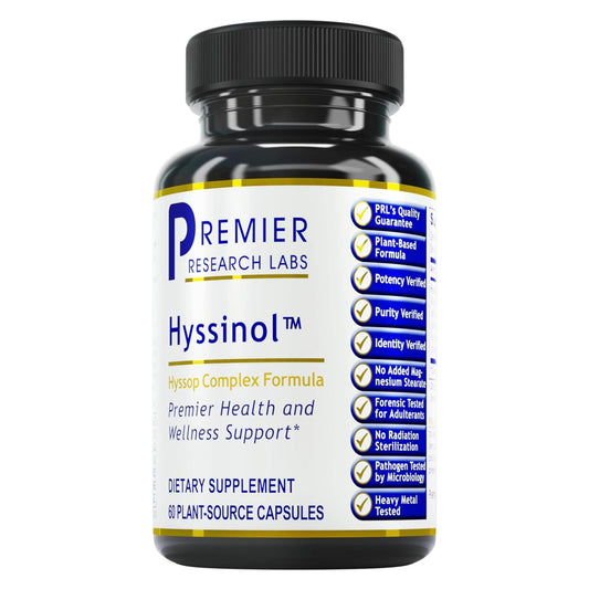Premier Research Labs Hyssinol bottle with label, highlighting antioxidant support in every capsule.