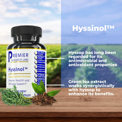 Premier Research Labs Hyssinol capsules arranged for display, illustrating easy daily use.