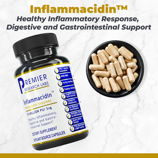 Close-up of Inflammacidin capsules highlighting bromelain and papain content for gentle digestion.