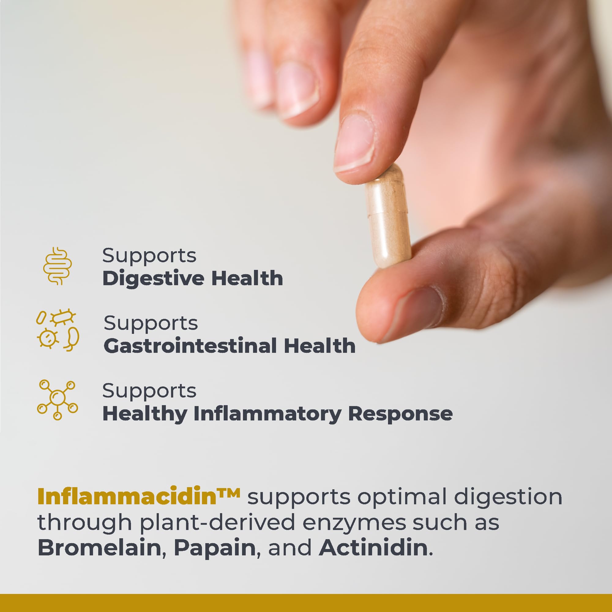 Label close-up of Inflammacidin packaging indicating plant-based enzymes for GI comfort.