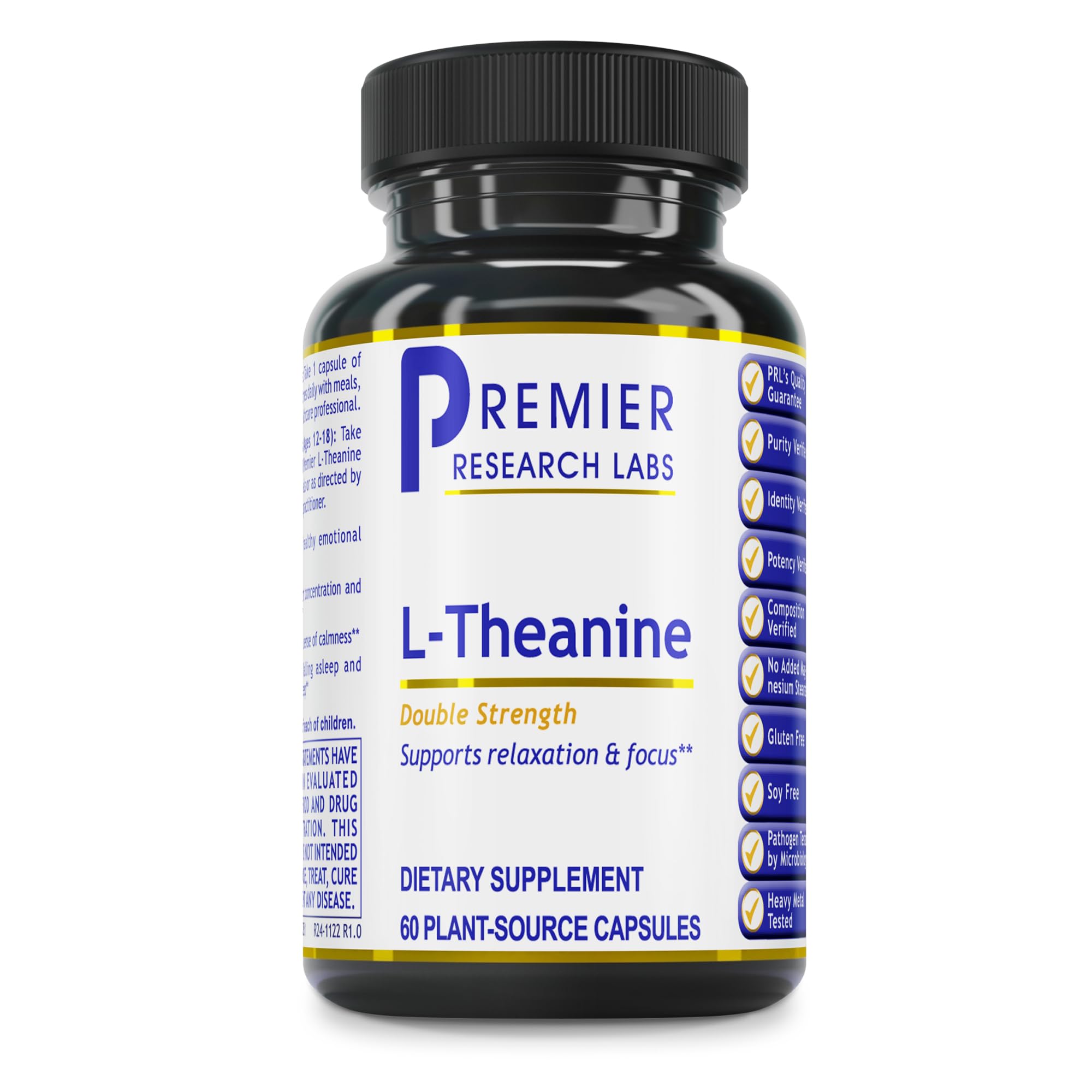 Premier Research Labs L-Theanine bottle with capsules for calm focus.