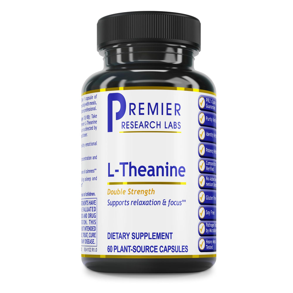 Premier Research Labs L-Theanine bottle with capsules for calm focus.