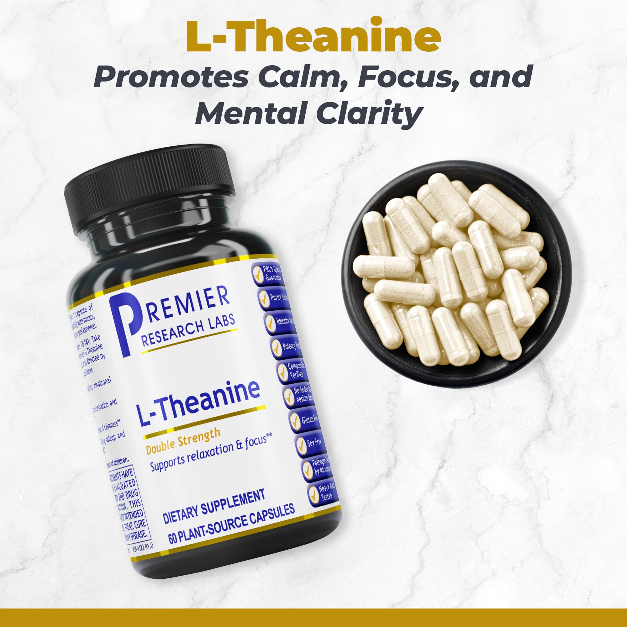 Premier Research Labs L-Theanine capsules close-up showing vegan formula.