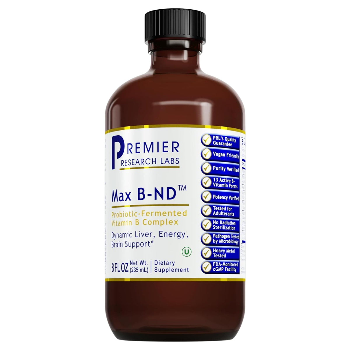 Premier Research Labs Max B-ND bottle shown highlighting easy daily B vitamin support