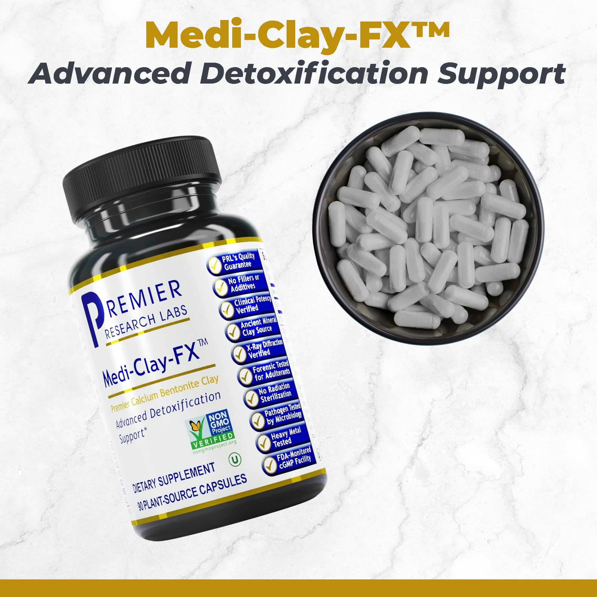 Medi-Clay-FX capsules close-up reveals pure bentonite texture for detox use