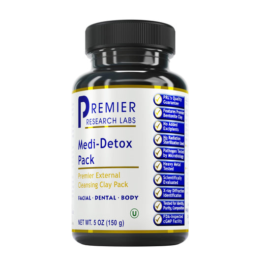 Premier Research Labs Medi-Dental Pack bottle shows the cleansing clay for versatile use.