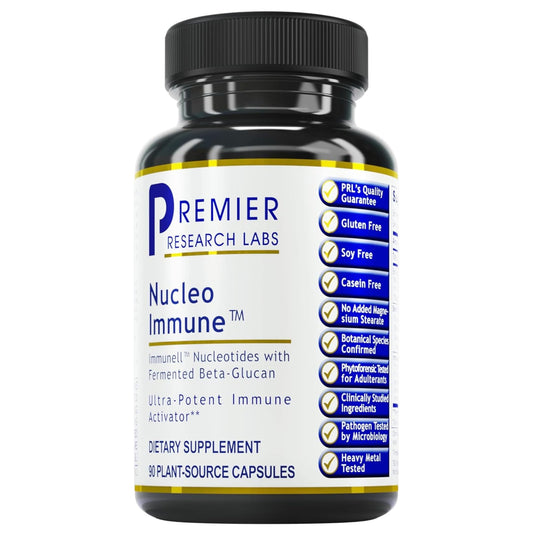 Premier Research Labs Nucleo Immune bottle front highlighting beta glucan blend for immune support.