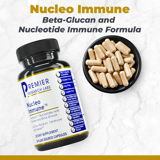 Nucleo Immune capsules closeup emphasizes bioavailable nutrients for potential immune response.