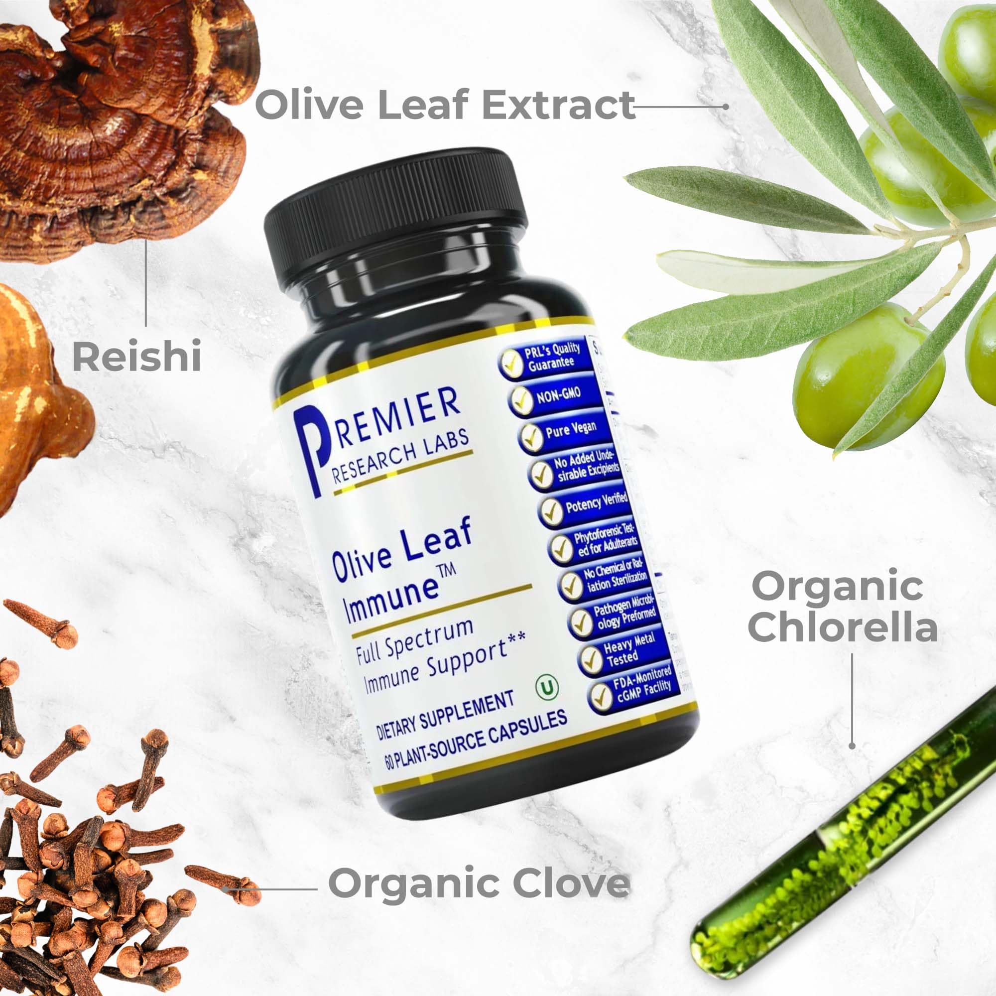 Premier Research Labs Olive Leaf Immune bottle back with supplement facts for informed daily use.