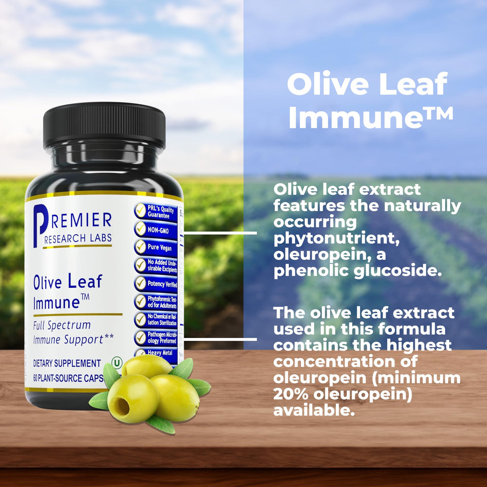 Premier Research Labs Olive Leaf Immune capsules close-up highlighting oleuropein-rich formula for daily wellness.