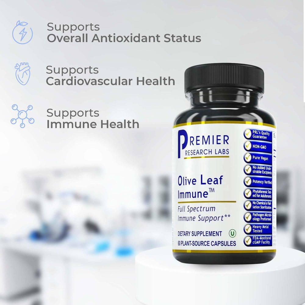 Premier Research Labs Olive Leaf Immune label shows turmeric and parsley blend for natural support.