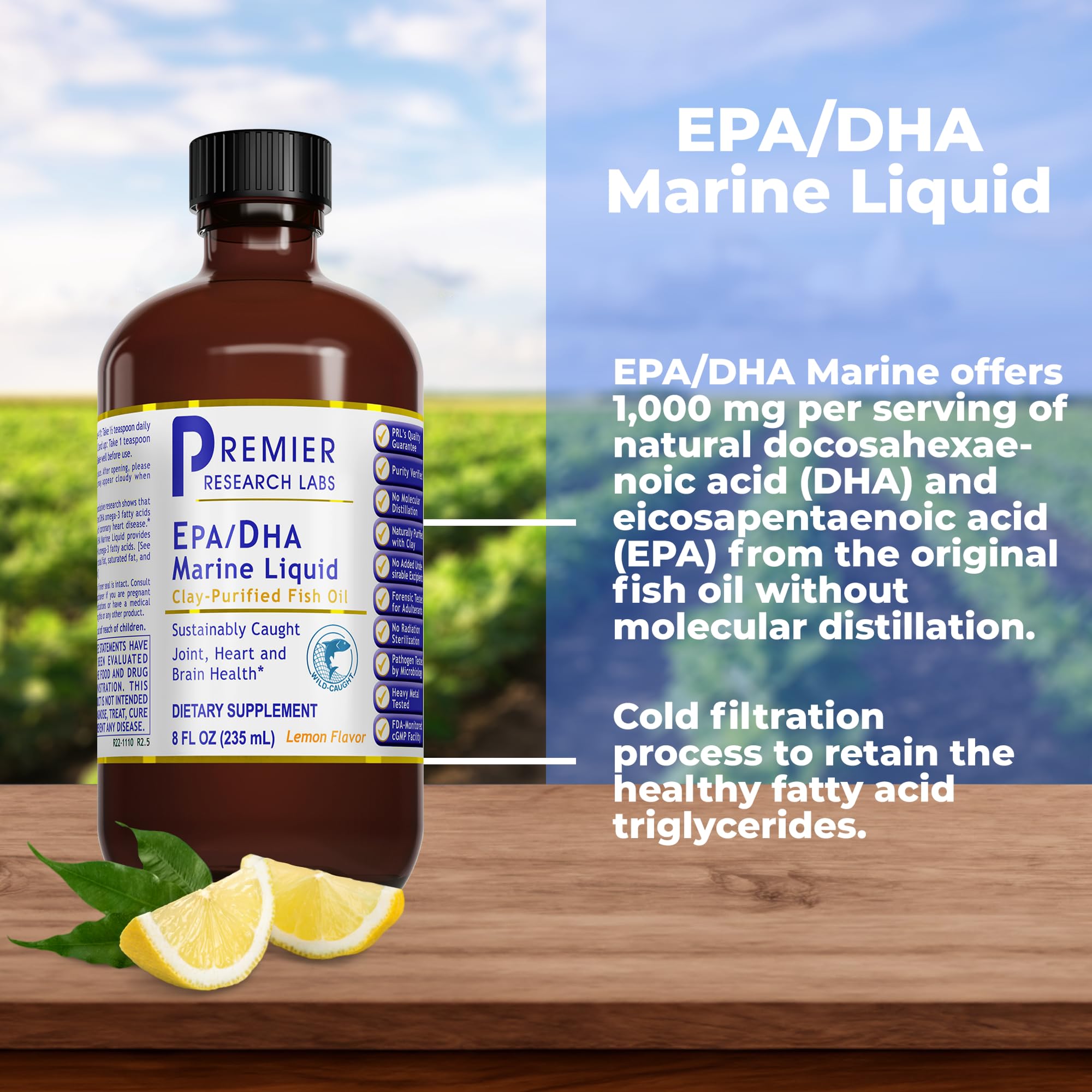 Premier Research Labs Omega-3 liquid poured into a glass for easy daily dosing.