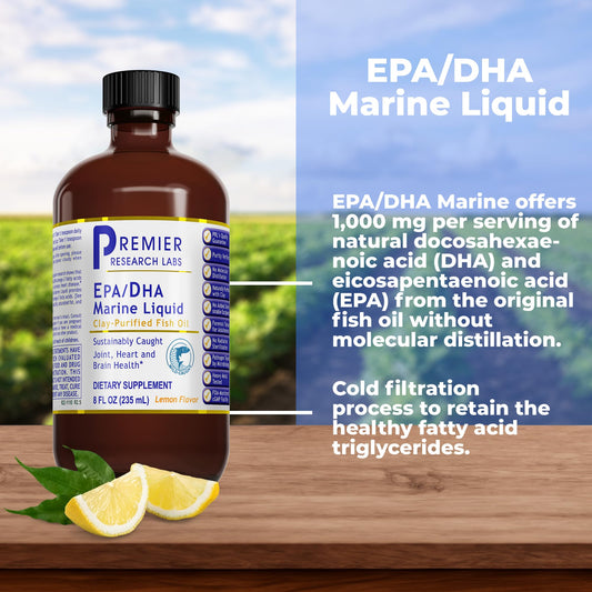 Premier Research Labs Omega-3 liquid poured into a glass for easy daily dosing.