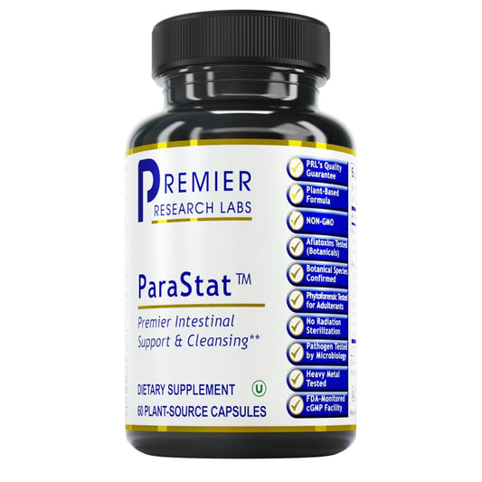 ParaStat bottle pour by Premier Research Labs suggesting digestive balance