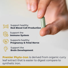 Premier Research Labs Phyto-Iron ingredients label highlighting curry leaves.
