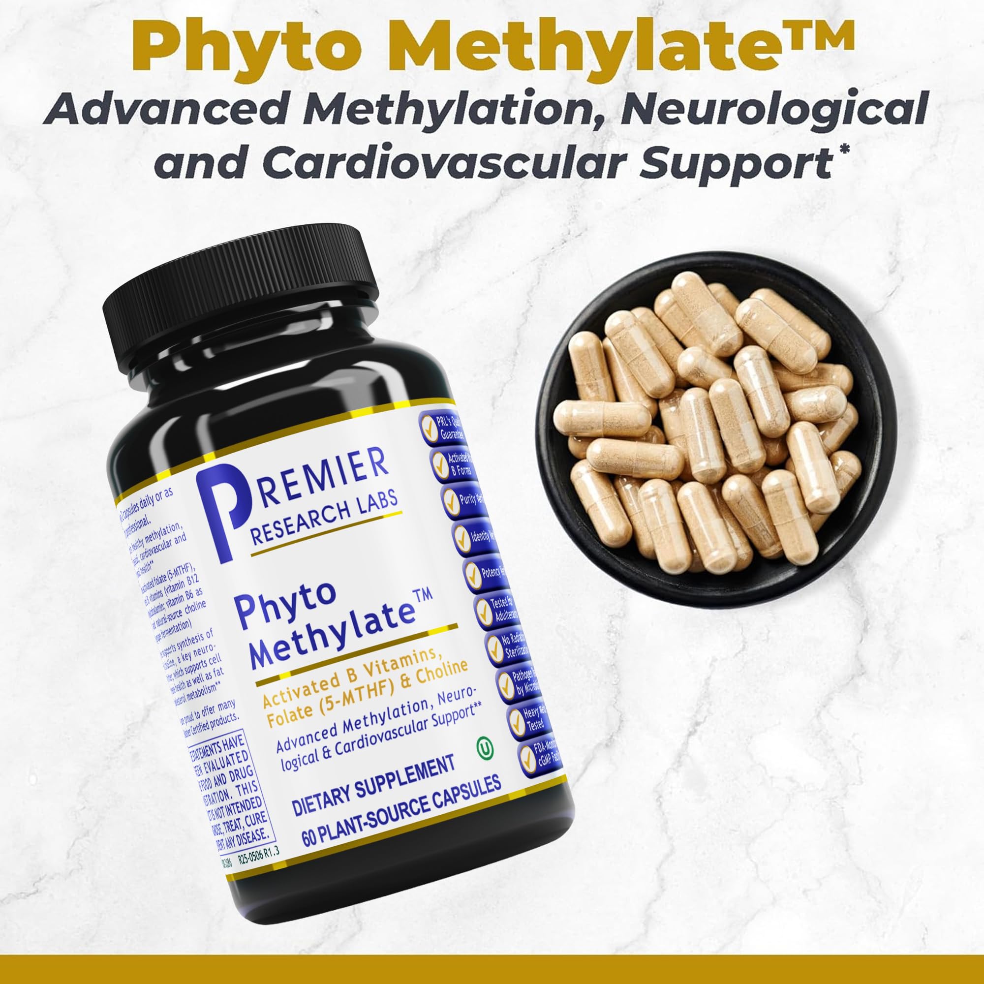 Premier Research Labs Phyto Methylate nutrition label close-up highlighting B12 and B6 forms.