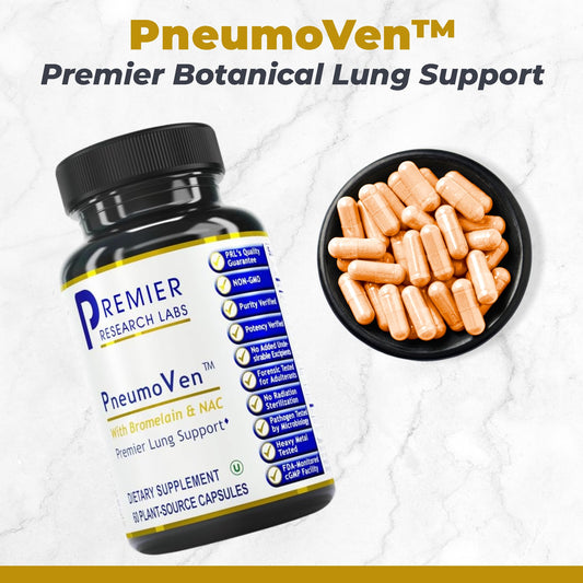 PneumoVen capsules closeup, highlighting bromelain and NAC for respiratory wellness.