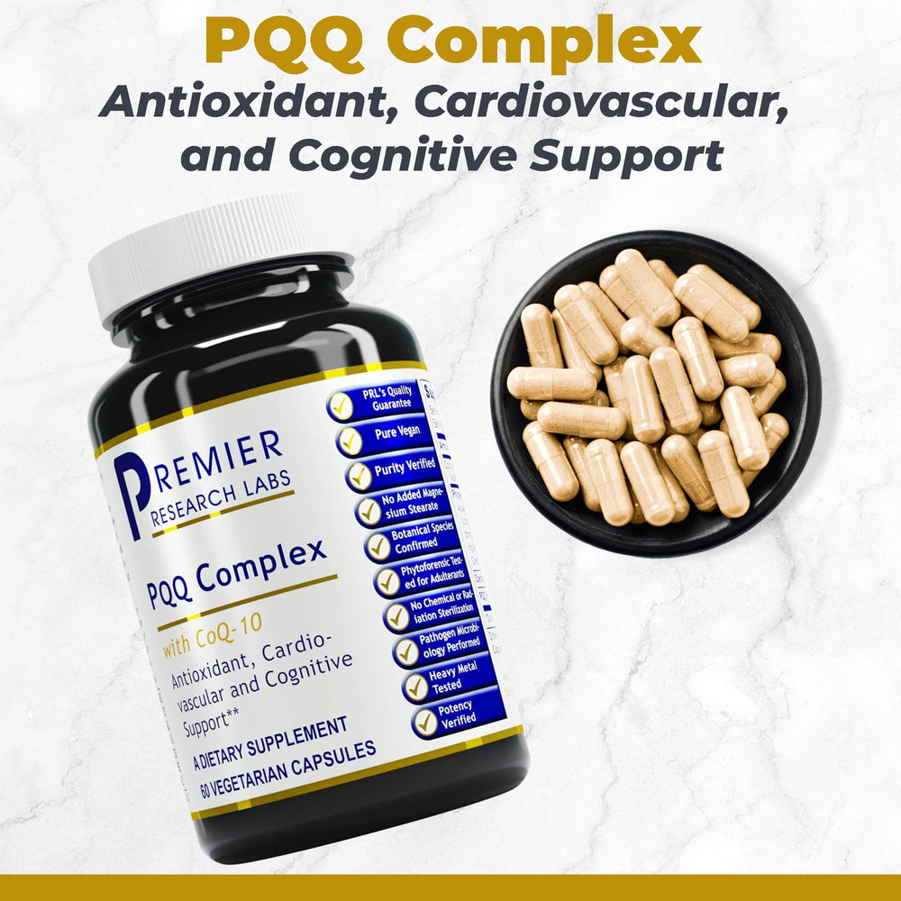 Premier Research Labs PQQ CoQ10 capsules close-up showing easy-to-swallow vegetarian capsules