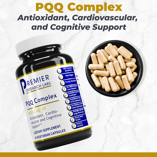Premier Research Labs PQQ CoQ10 capsules close-up showing easy-to-swallow vegetarian capsules