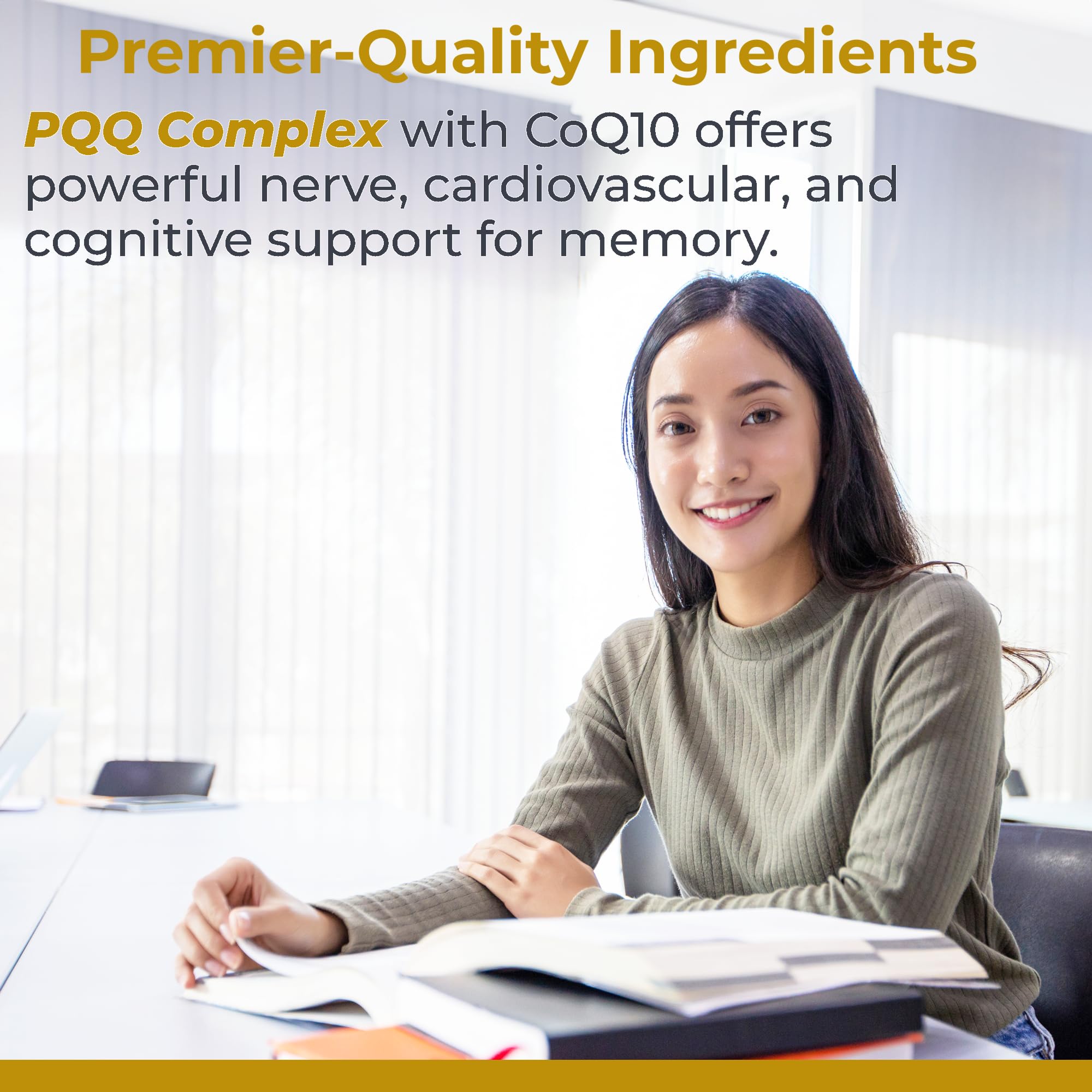 Premier Research Labs PQQ Complex energy support visual emphasizing daily stamina
