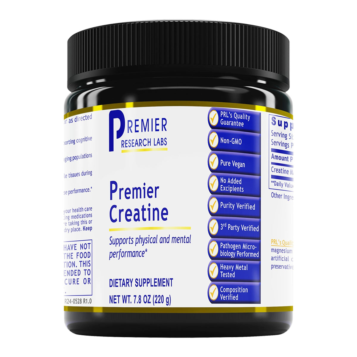 Premier Creatine tub front shows vegan and pure formula for athletes