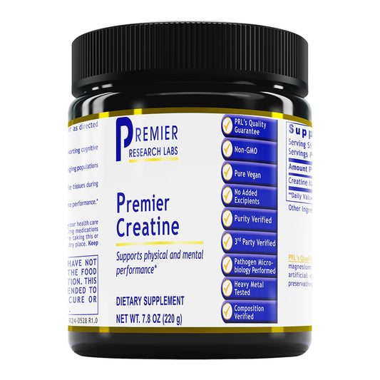 Premier Creatine tub front shows vegan and pure formula for athletes
