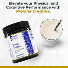 Premier Creatine powder label close-up highlights 5,000 mg per serving