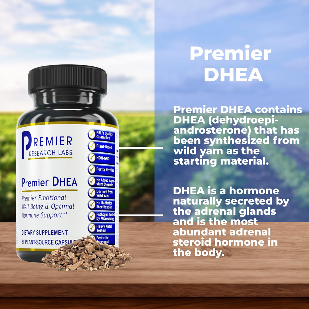 Premier DHEA bottle being poured for easy daily dosing