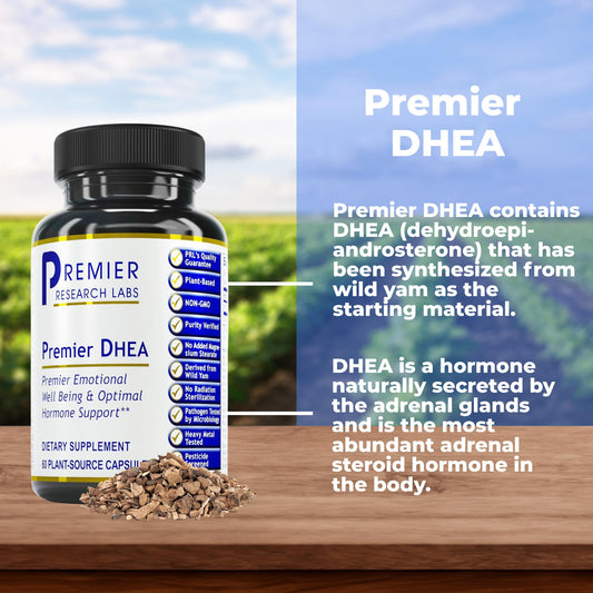 Premier DHEA bottle being poured for easy daily dosing