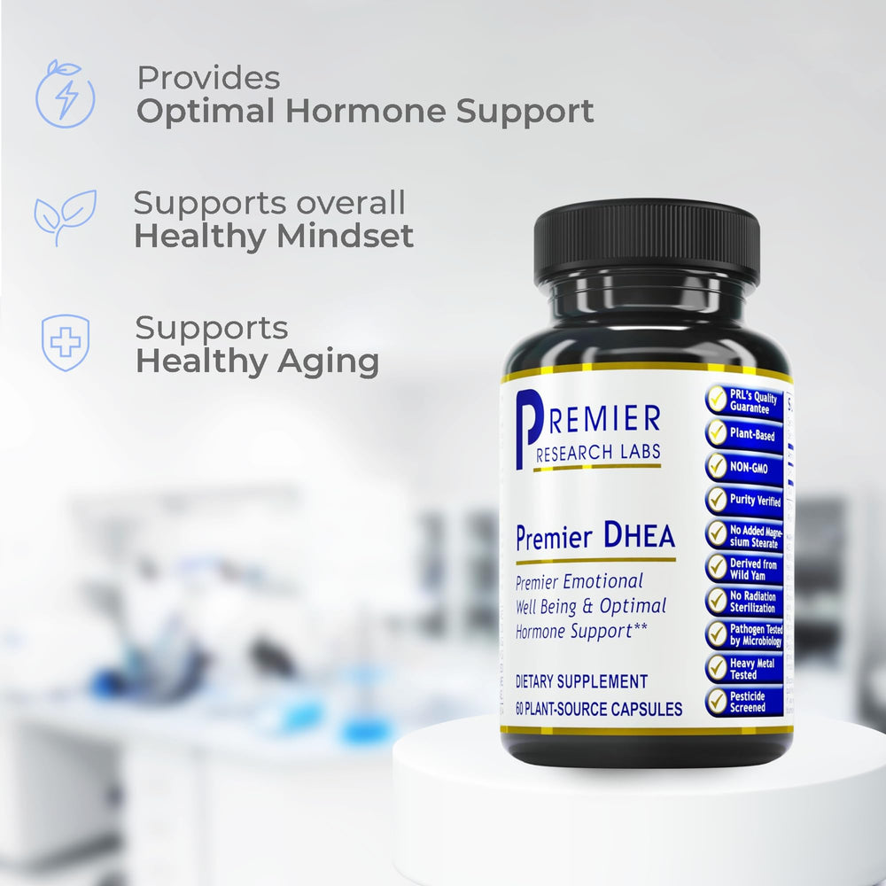 Close view of Premier DHEA capsules showing vegan formula