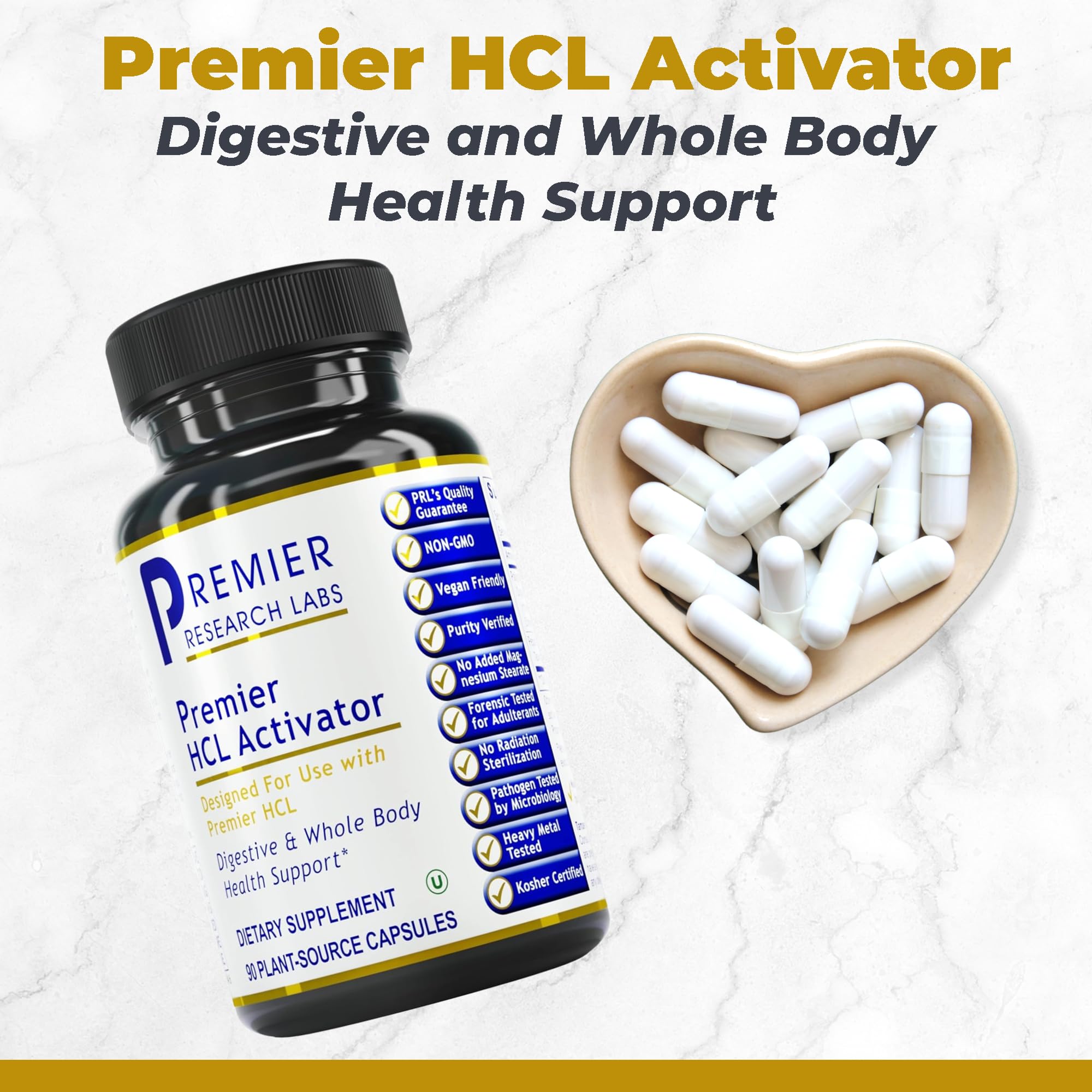 Close-up of Premier HCL Activator capsules with pepsin and turmeric ingredients