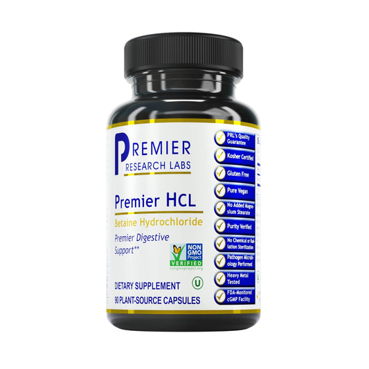 Premier Research Labs Premier HCL bottle with capsules supports balanced digestion and nutrient absorption.