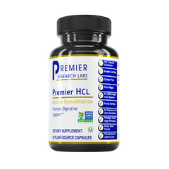 Premier Research Labs Premier HCL bottle with capsules supports balanced digestion and nutrient absorption.