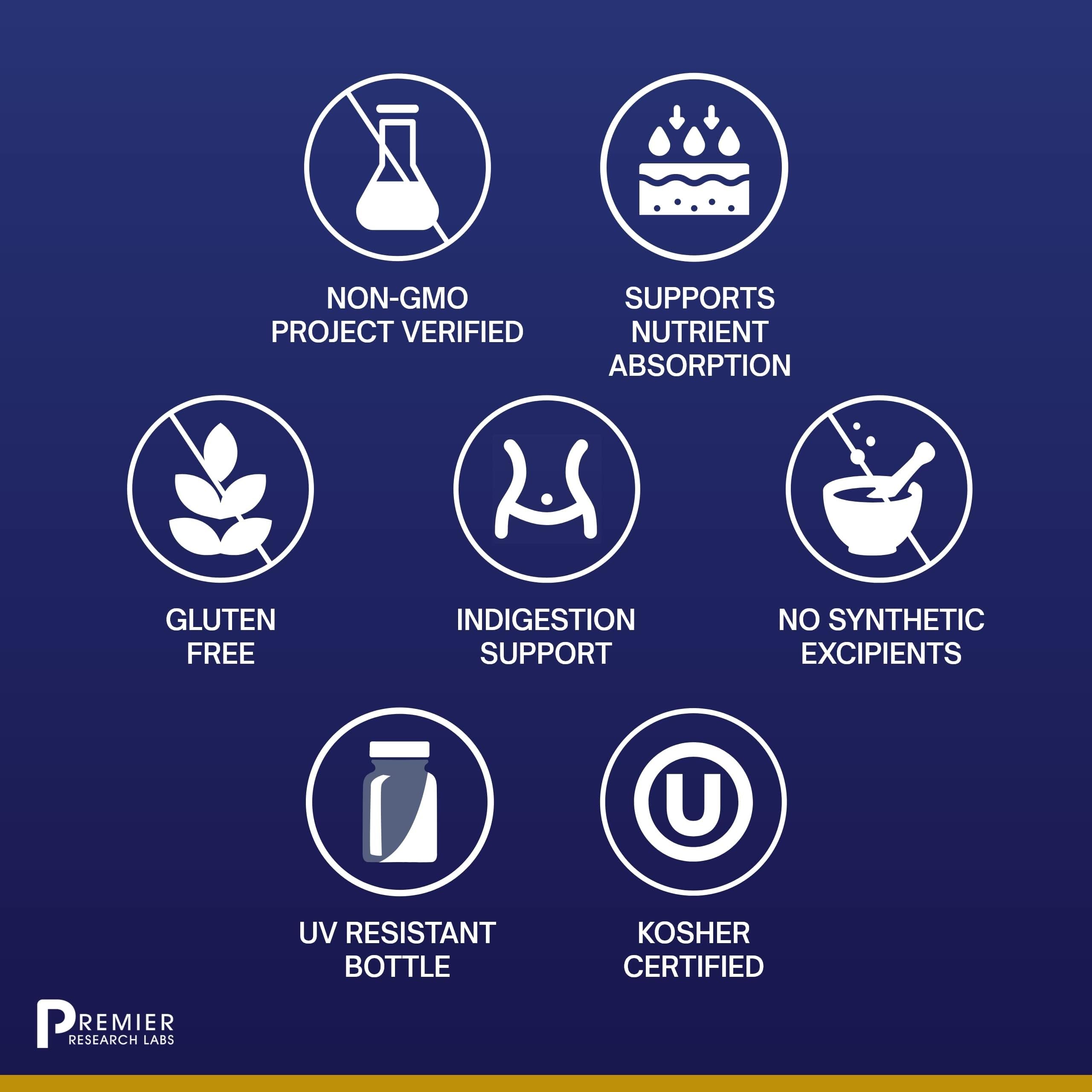 Label detail highlights sustainably sourced ingredients and premium quality from Premier Research Labs.